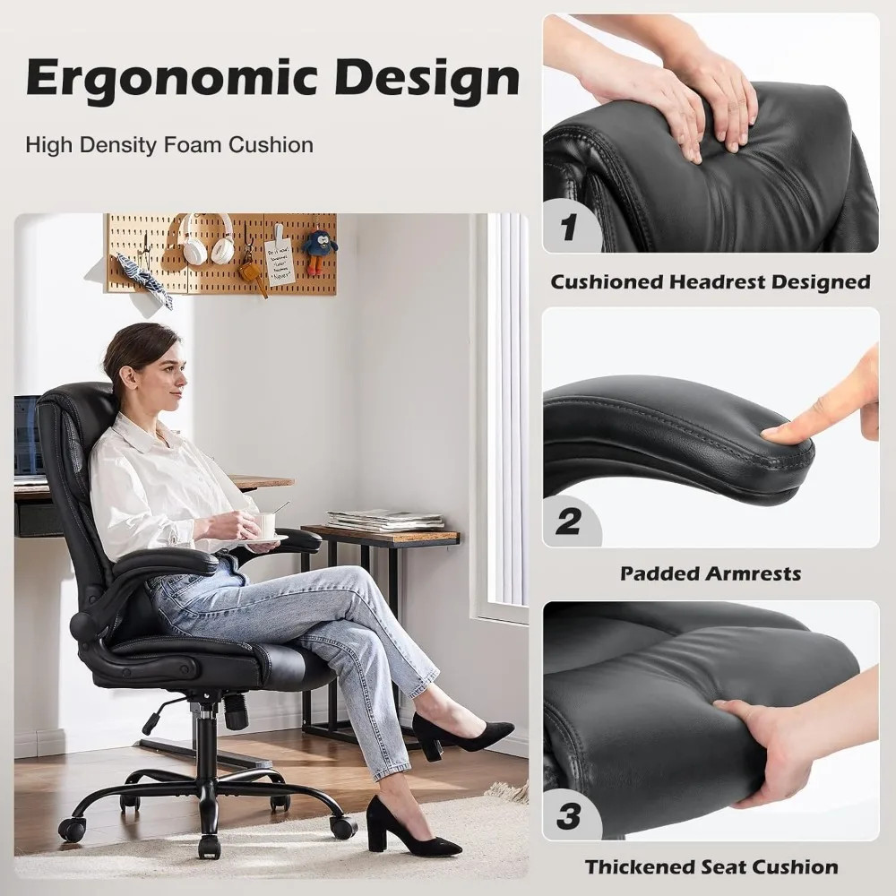 Ergonomic features of chair: cushioned headrest, padded armrests, thick seat cushion
